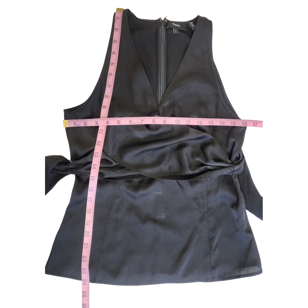 Theory Black Satin Tie Wrap Top Sleeveless V-Neck Blouse Size 6 - Picture 3 of 8